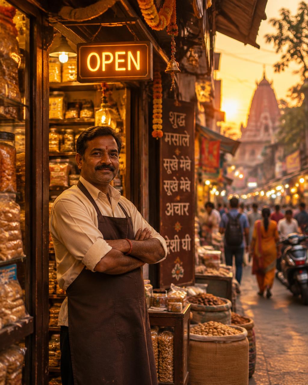 A local shopkeeper turning the OPEN sign on at his street shop