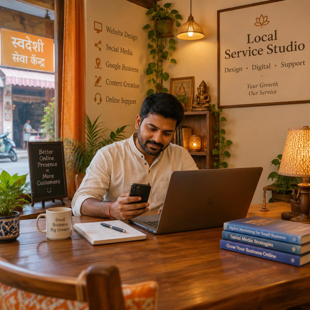 A local business owner working on their online presence from their studio